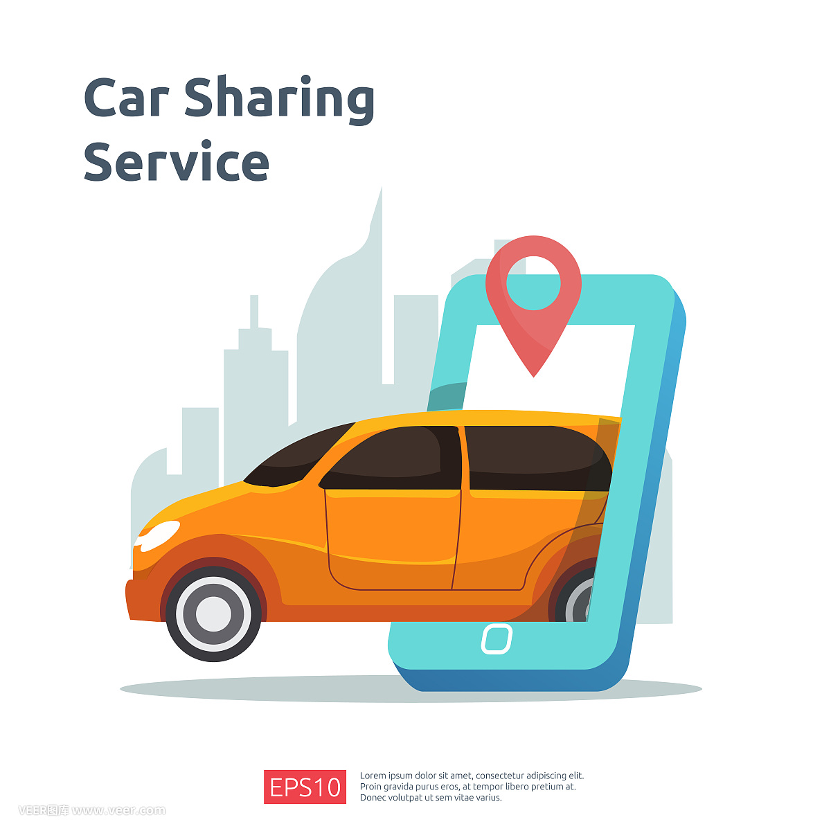 汽车共享插图概念。在线出租车或租赁交通使用智能手机服务应用程序与字符和路线点的位置上的gps地图着陆页,横幅,web, UI,传单